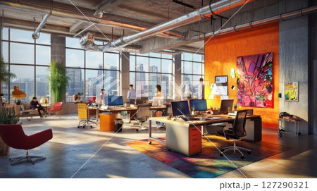 Modern Loft Office with City Skyline View and Vibrant Artwork 127290321