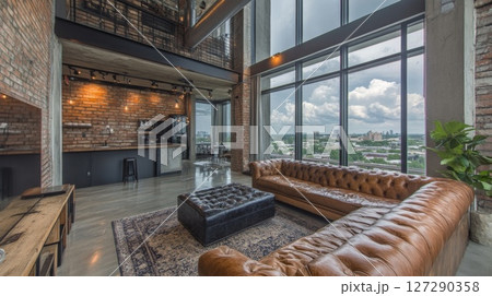 Modern Loft Apartment with City View and Leather Sectional Sofa Modern Loft Apartment with City View and Leather Sectional Sofa 127290358