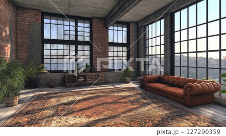 Industrial Loft Interior with Leather Sofa and Large Windows Industrial Loft Interior with Leather Sofa and Large Windows 127290359