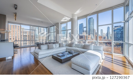 Modern Living Room with City Skyline Views 127290367