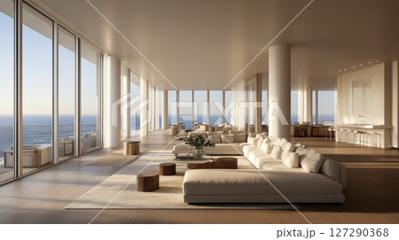 Modern Coastal Living Room with Ocean View and Minimalist Decor Modern Coastal Living Room with Ocean View and Minimalist Decor 127290368