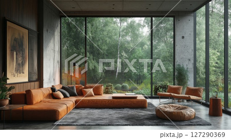 Modern Living Room with Leather Furniture and Forest View 127290369