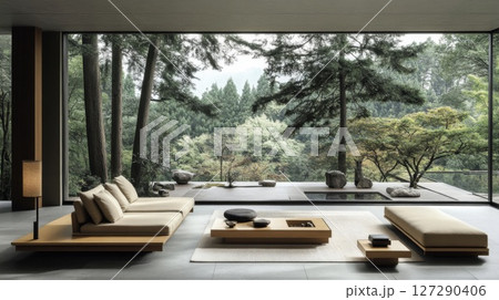 Modern Japanese Living Room with Forest View and Minimalist Furniture Modern Japanese Living Room with Forest View and Minimalist Furniture 127290406