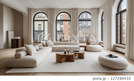 Modern Living Room with Arched Windows and White Furniture 127290410