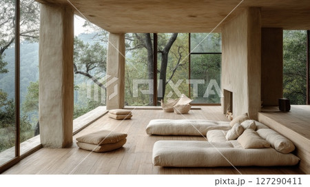 Minimalist Living Room with Large Windows and Forest Views 127290411