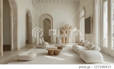 Modern Minimalist Living Room with White Furniture and Arches 127290415