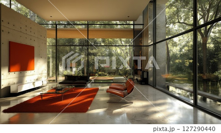 Modern Living Room with Floor-to-Ceiling Windows Overlooking a Lush Forest Modern Living Room with Floor-to-Ceiling Windows Overlooking a Lush Forest 127290440
