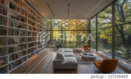 Modern Living Room with Floor-to-Ceiling Windows and Expansive Bookcase 127290469
