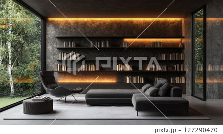 Modern Living Room with Dark Walls, Bookshelves, and Plush Furniture Modern Living Room with Dark Walls, Bookshelves, and Plush Furniture 127290470