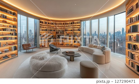 Modern Living Room with Curved Bookcases and City View 127290471