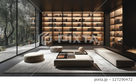 Modern living room with large bookcases and a cozy seating area 127290472