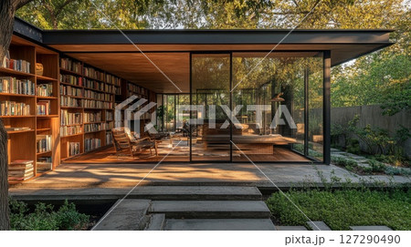 Modern Glass-Walled Library with Expansive Bookcases and Outdoor Patio Modern Glass-Walled Library with Expansive Bookcases and Outdoor Patio 127290490