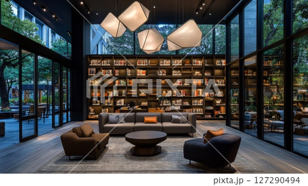 Modern Library Lounge with Large Windows and Geometric Lighting 127290494