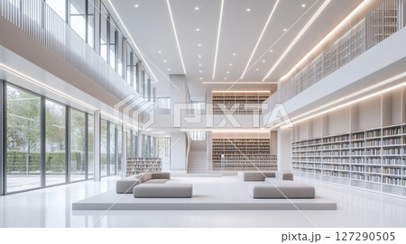 Modern Library Interior with White Walls, Large Windows, and Bookshelves 127290505