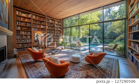 Modern Library Room with Large Windows and Patio Access 127290506