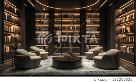Modern Library with Comfortable Armchairs and Warm Lighting 127290529