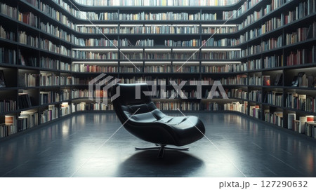 Modern Black Leather Lounge Chair in a Large Library 127290632