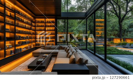 Modern Living Room with Large Windows Overlooking a Lush Garden 127290661