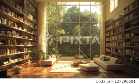 A Modern Living Room with Floor-to-Ceiling Bookshelves and a Large Window Overlooking a Lush Garden A Modern Living Room with Floor-to-Ceiling Bookshelves and a Large Window Overlooking a Lush Garden 127290681