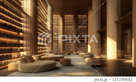 Modern Library Lounge with Floor-to-Ceiling Bookshelves and Sunlight Streaming In Modern Library Lounge with Floor-to-Ceiling Bookshelves and Sunlight Streaming In 127290682