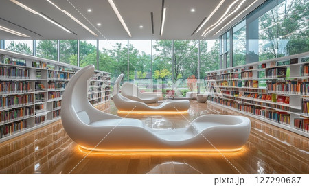 Modern Library Interior with White Lounging Chairs 127290687