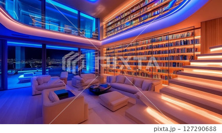 Modern Library Interior with Bookshelves, Stairs, and City Views 127290688