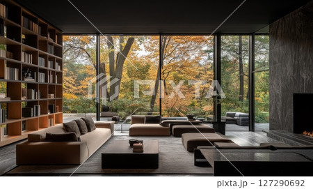 Modern Living Room with Large Windows and Fall Foliage View Modern Living Room with Large Windows and Fall Foliage View 127290692