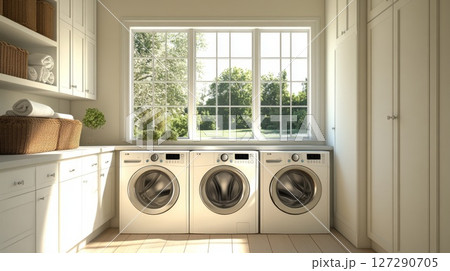 White Laundry Room with Three Washing Machines and a Window View White Laundry Room with Three Washing Machines and a Window View 127290705