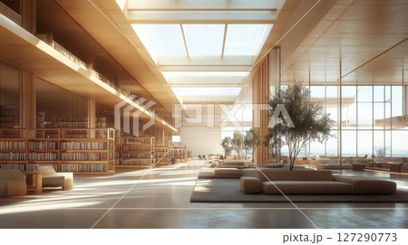 Modern Library Interior with Natural Light and a View of the Sea 127290773