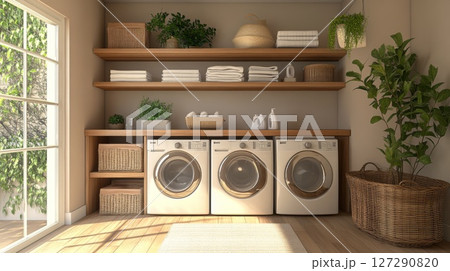 Modern Laundry Room with White Washing Machines and Wicker Baskets 127290820