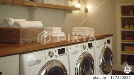 White Washing Machines and Wicker Basket of Towels in a Laundry Room 127290827