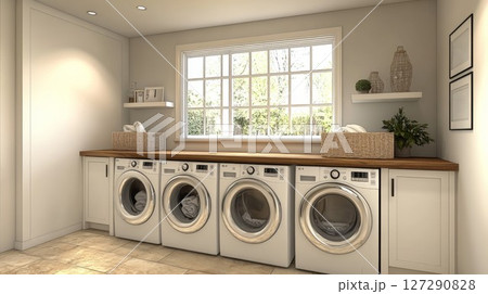 Modern Laundry Room with Four Washing Machines and Wooden Countertop 127290828