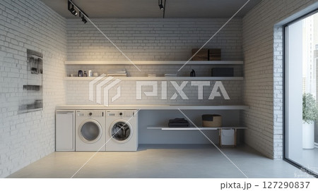 Modern Laundry Room with White Brick Walls and White Appliances 127290837