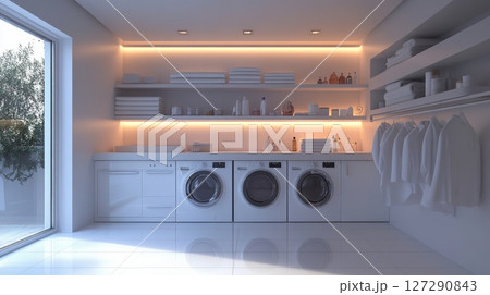 Modern Laundry Room with White Appliances and Shelving 127290843