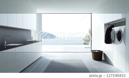 Modern Laundry Room with Ocean View and White Cabinets 127290852