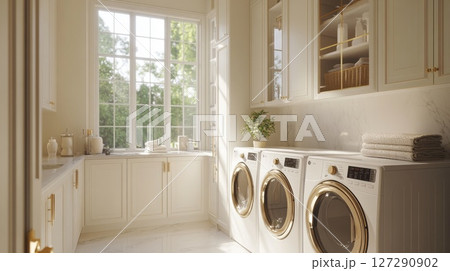 Modern Laundry Room with White Cabinets and Gold Accents 127290902