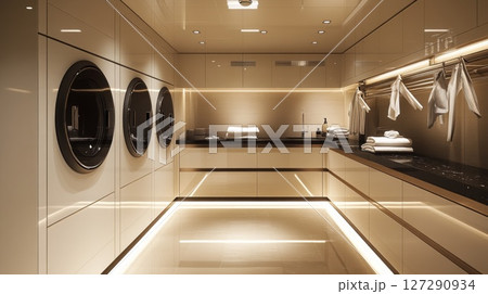 Modern Luxury Laundry Room with Stainless Steel Washers and Dryers 127290934