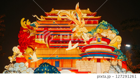 Beijing, China. Large Lantern Composition At Zigong Lantern Festival. National Color. Traditional Red Chinese Gate Paifang, Pailou. Chinese Dragon And Fenghuang Are Mythological Birds. Symbolize Beijing, China. Large Lantern Composition At Zigong Lantern Festival. National Color. Traditional Red Chinese Gate Paifang, Pailou. Chinese Dragon And Fenghuang Are Mythological Birds. Symbolize 127291261