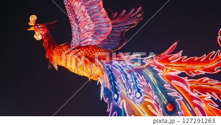 Beijing, China. Zigong Lantern Festival In Beijing. Amazing Lighting Composition Phoenix Dance From Ninth Heaven. Chinese Phoenix Fenghuang Are Mythological Birds. Symbol Of Virtue And Grace Beijing, China. Zigong Lantern Festival In Beijing. Amazing Lighting Composition Phoenix Dance From Ninth Heaven. Chinese Phoenix Fenghuang Are Mythological Birds. Symbol Of Virtue And Grace 127291263