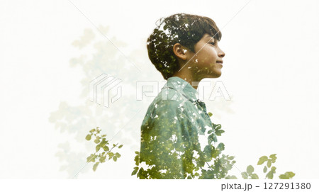 Indigenous boy with double exposure of leaves, conceptual background 127291380