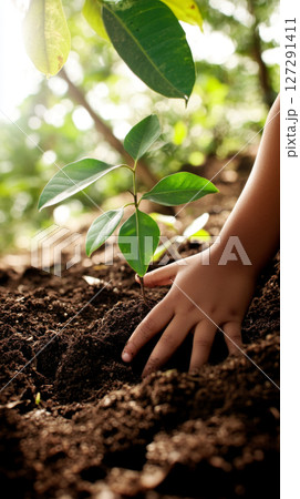 Child planting young sapling in rich soil, symbolizing growth and care 127291411