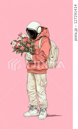 Astronaut holding bouquet of flowers on pink background 127291414
