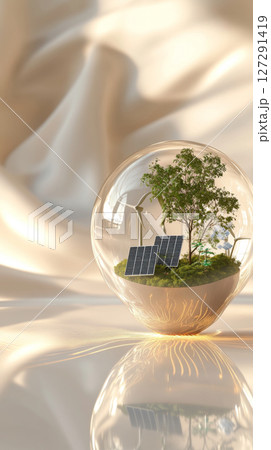 Eco concept for earth day with green trees, wind turbines and solar panels inside glass sphere, sustainable power background Eco concept for earth day with green trees, wind turbines and solar panels inside glass sphere, sustainable power background 127291419