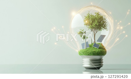 Eco concept for earth day with lightbulb, wind turbines and solar panels inside, sustainable power background Eco concept for earth day with lightbulb, wind turbines and solar panels inside, sustainable power background 127291420