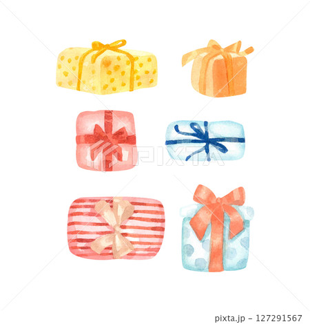 Watercolor hand painted set with colorful gift boxes. Christmas and birthday gifts 127291567