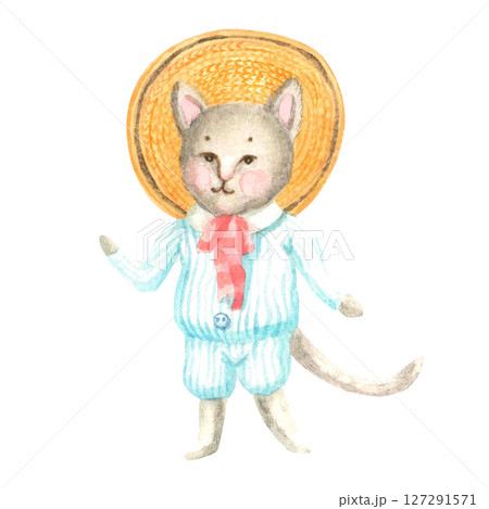 Watercolor hand drawn kitten in vintage suit and hat 127291571