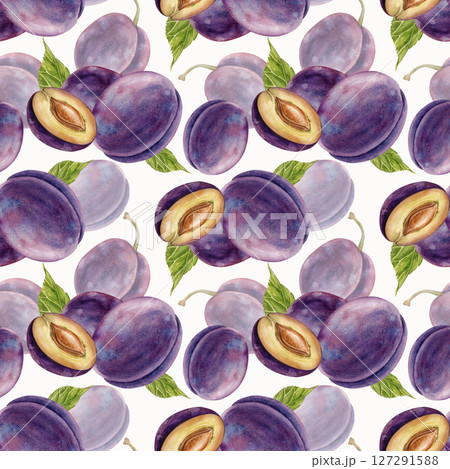 Seamless watercolor pattern with whole and half plum fruits and green leaves. Botanical illustration of ripe fruits on a white background. A template for scrapbooking, packaging, and wallpaper. 127291588