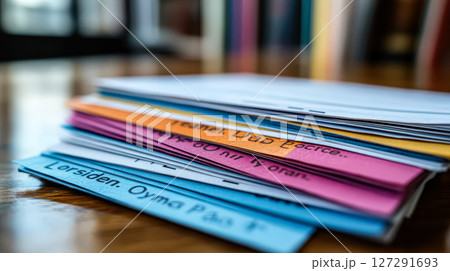 Stack of colorful papers with writing on them 127291693