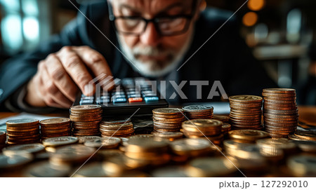 Man is looking at a pile of coins and a calculator Man is looking at a pile of coins and a calculator 127292010