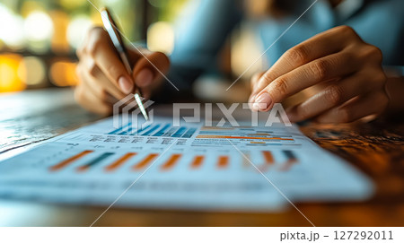 Woman is writing on a piece of paper with a pen 127292011